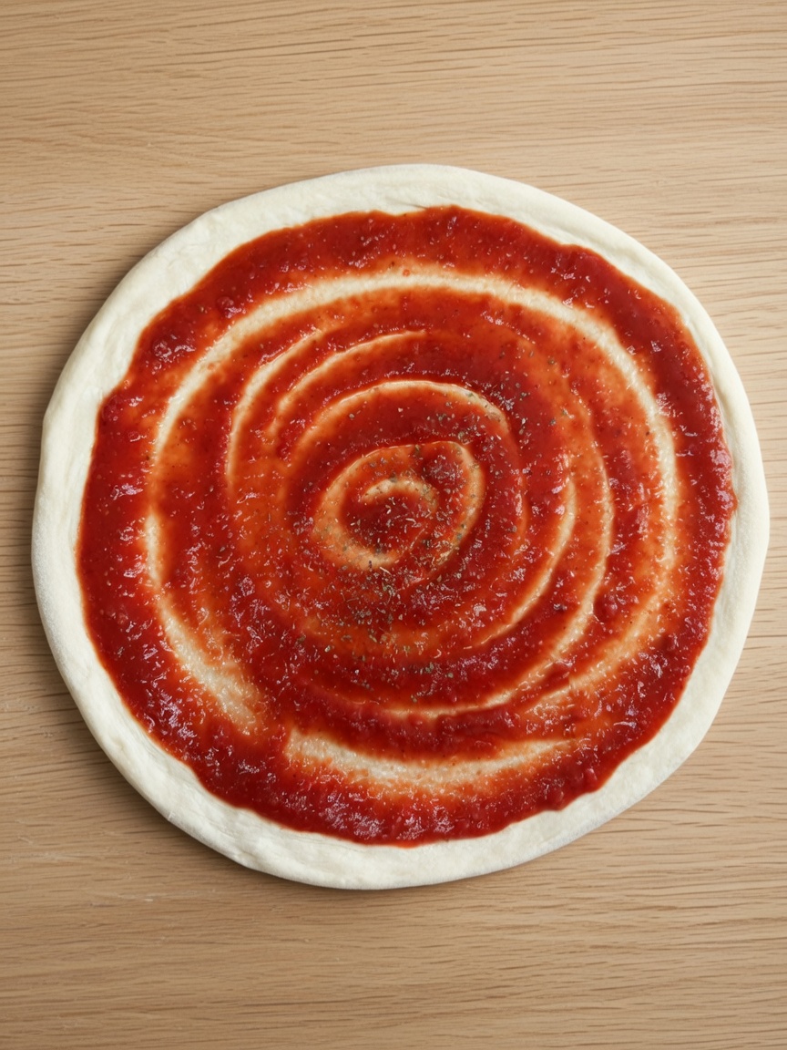 Hand-stretched dough with house tomato sauce spiraled on a wooden board