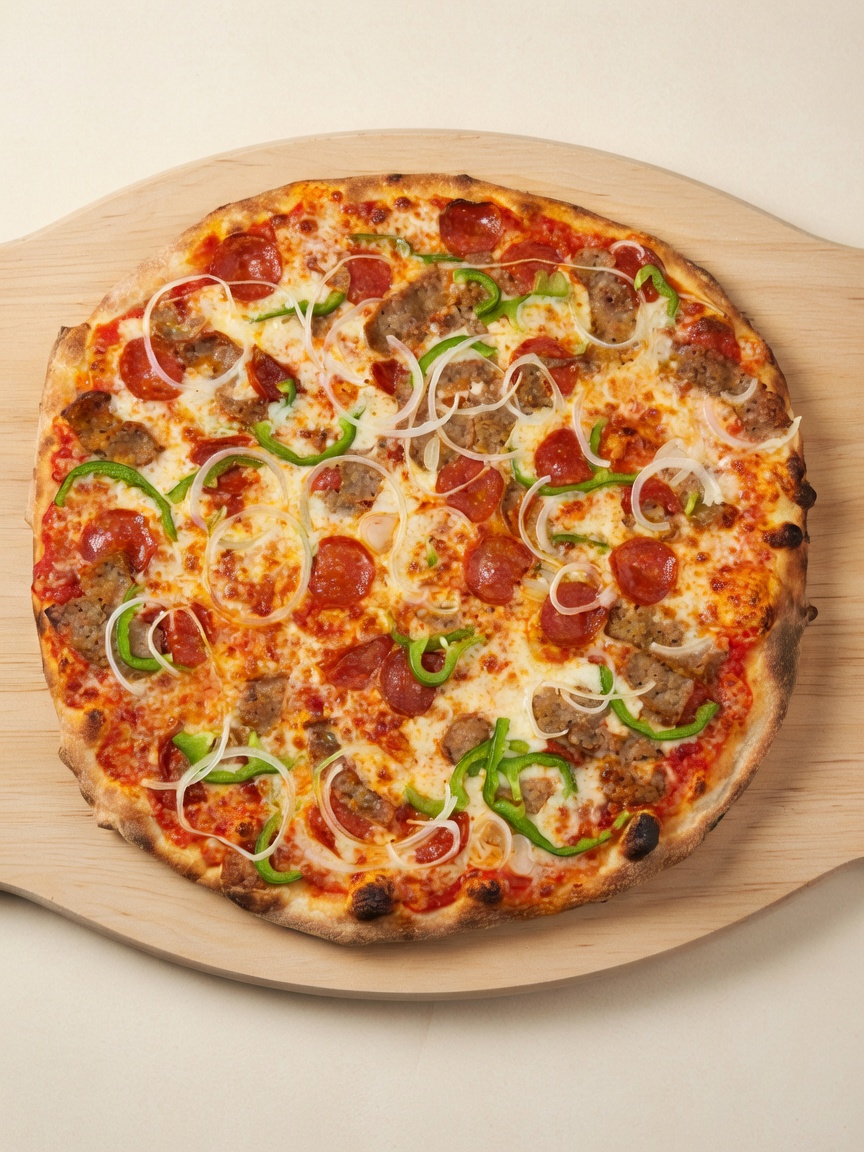The New Yorker pizza topped with pepperoni, sausage, onion and green peppers