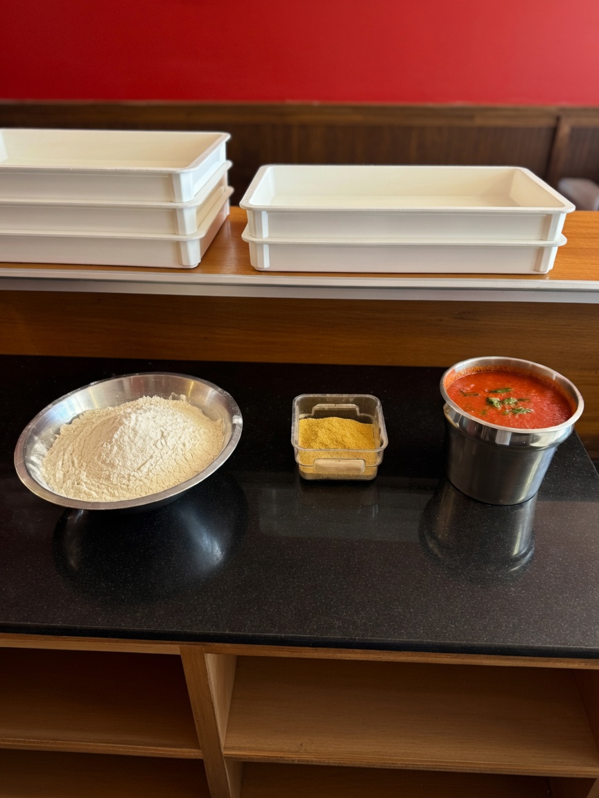 Flour, house tomato sauce, and dough trays at the Fratelli's pizza station
